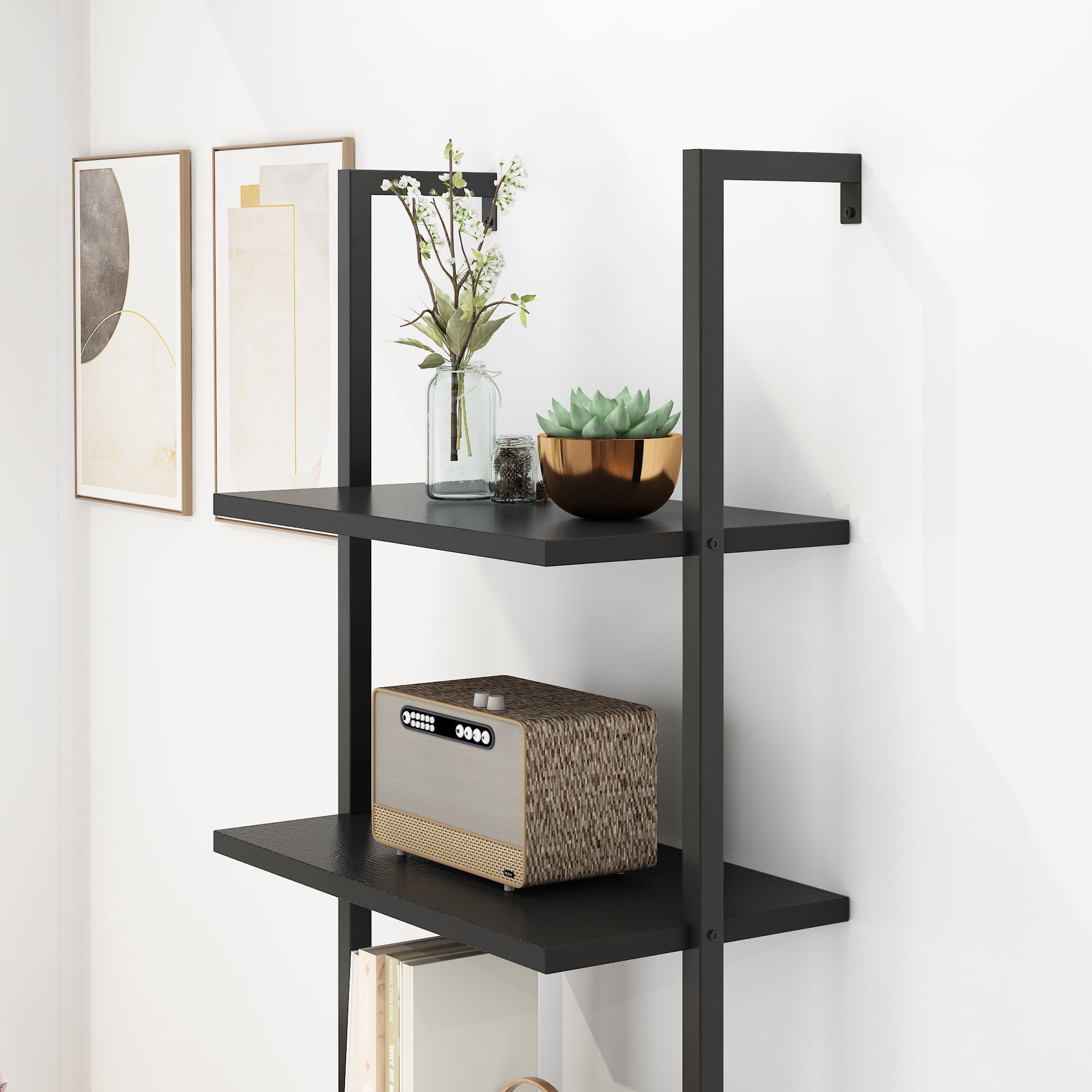 5-Layer Wall-Mounted Display Rack, 23.62 x 11.81 x 70.87 in, Black Walnut Wood Panels with Black Iron Frame