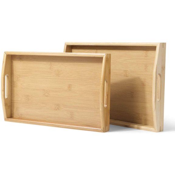 Bamboo Serving Tray with Curved Handles Nesting Organizer Rectangle Wooden Breakfast Tray Works for Eating, Working, Serving Food, Coffee, Tea Tray, Used in Kitchen, Living Room, Set of 2