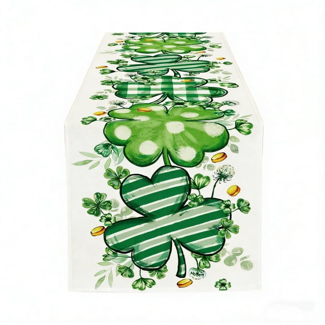 SIYTUAU St. Patricks Day Table Flag With Green Clovers Pattern For Heat Insulating Prevention Of Pollution Linen Tablecloth Home Decor 33X183Cm