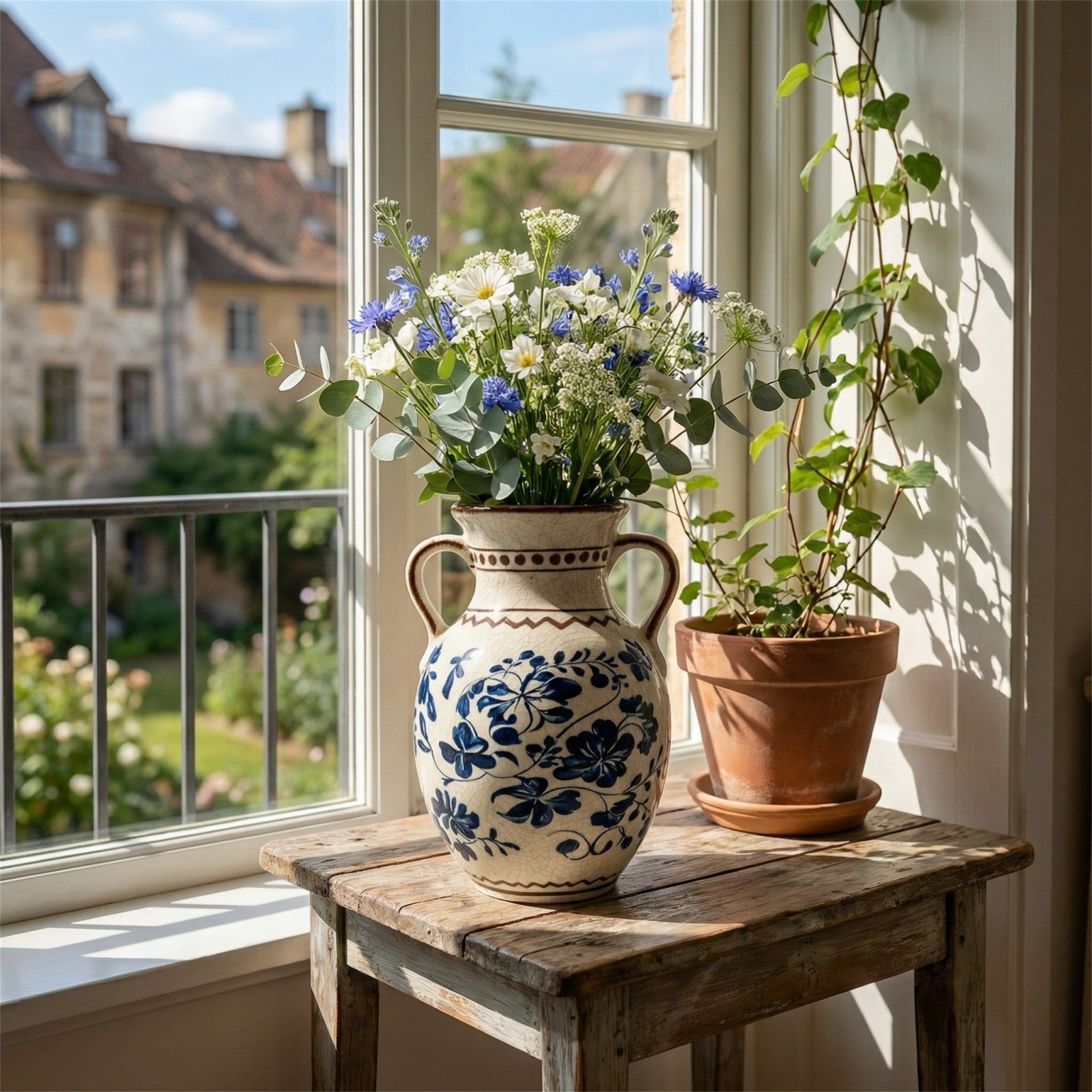 BUYMAX Vintage Navy Blue Ceramic Vase with Handles, 8.4 in photo 2