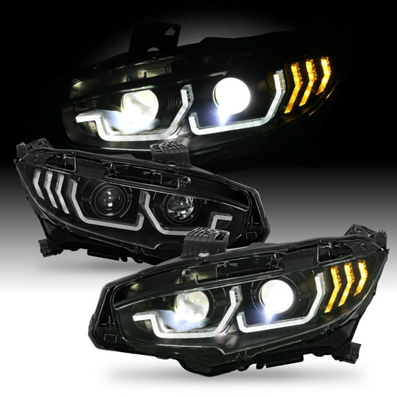 AKKON - Fits 2016-2021 Honda Civic [FULL LED] Projector Black Headlights Pair w/LED Parking Sequential Turn Signal
