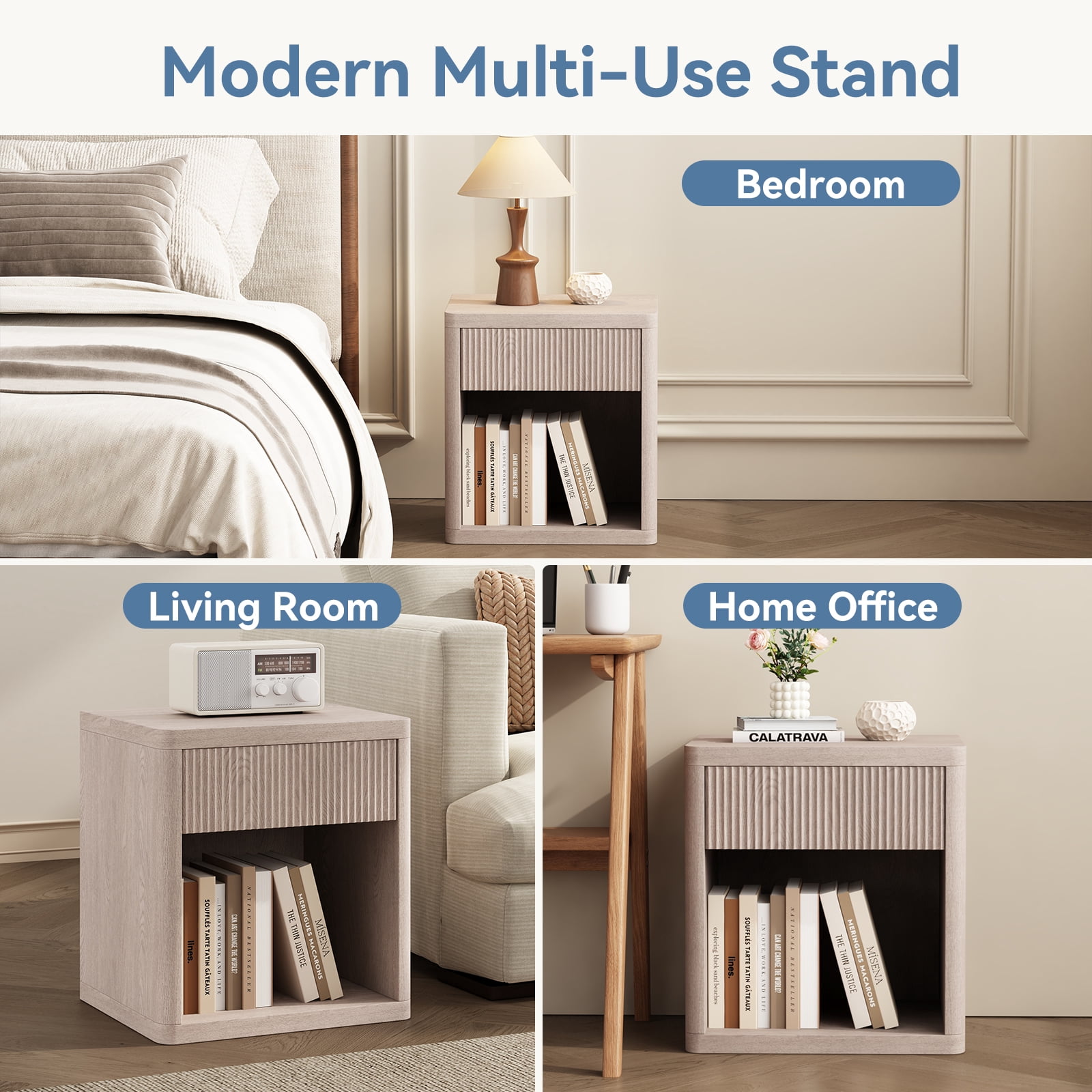 CONCETTA Nightstands Set of 2 with Drawer and Open Shelf, Mid Century Fluted End Table for Bedroom, Living Room and Office, White Oak