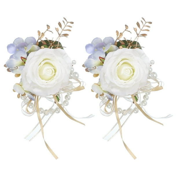 2 Pcs Corsages de Flores Blancas para Muñeca para Boda Novia Novio Ceremonia Fiesta
