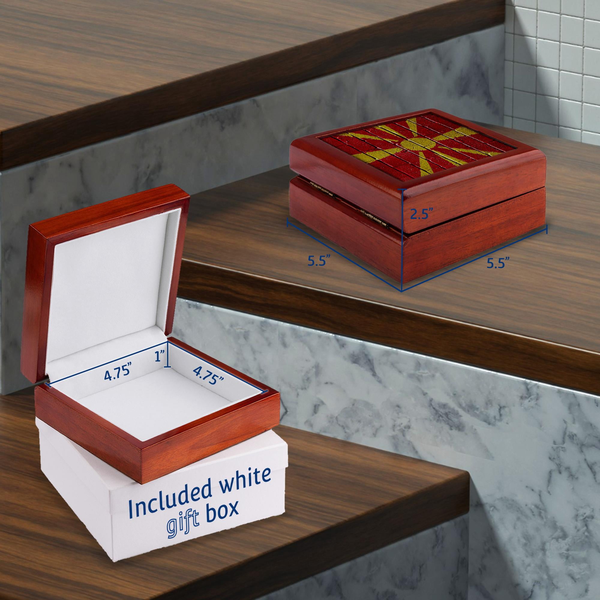 3dRose, National flag of Macedonia painted onto a brick wall Macedonian, Jewelry Box 5.5x5.5 inch with 4 inch tile