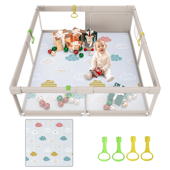 Baby Playpen with Mat, 59x59inch Playpen for Babies and Toddlers, Kids Play Pen, Extra Large Baby Playpen,Baby Fence,Big Playpen for Infants with Gate,Playard for Baby