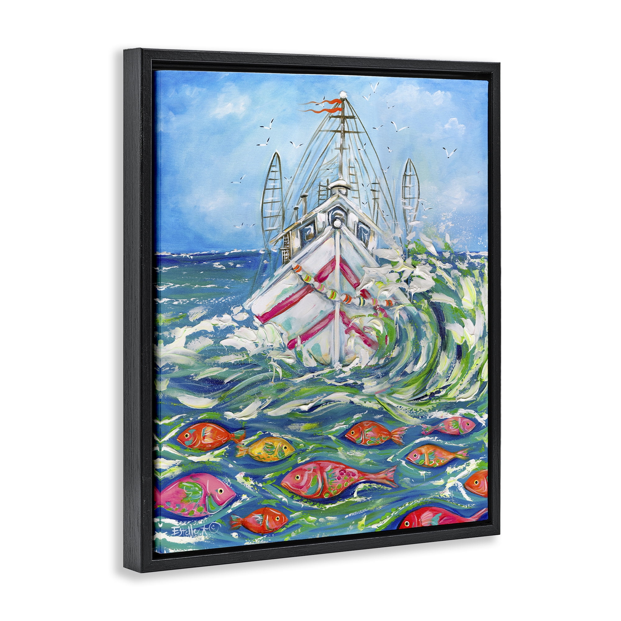 Stupell Industries Boat Net Splashing Transportation Painting Black Floater Framed Canvas Art Print Wall Art, 17 x 21