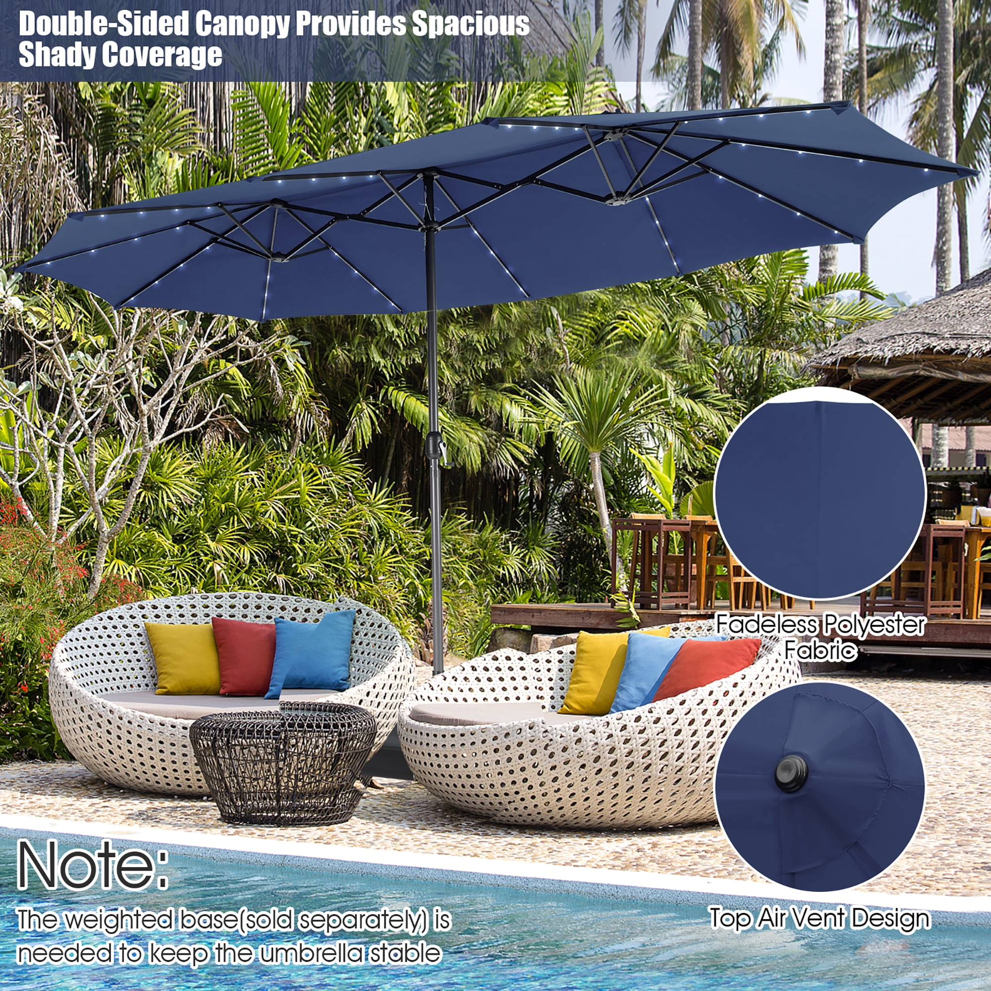 Gymax 15Ft Solar LED Patio Outdoor Double-Sided Umbrella w/ 48 Lights Crank Navy