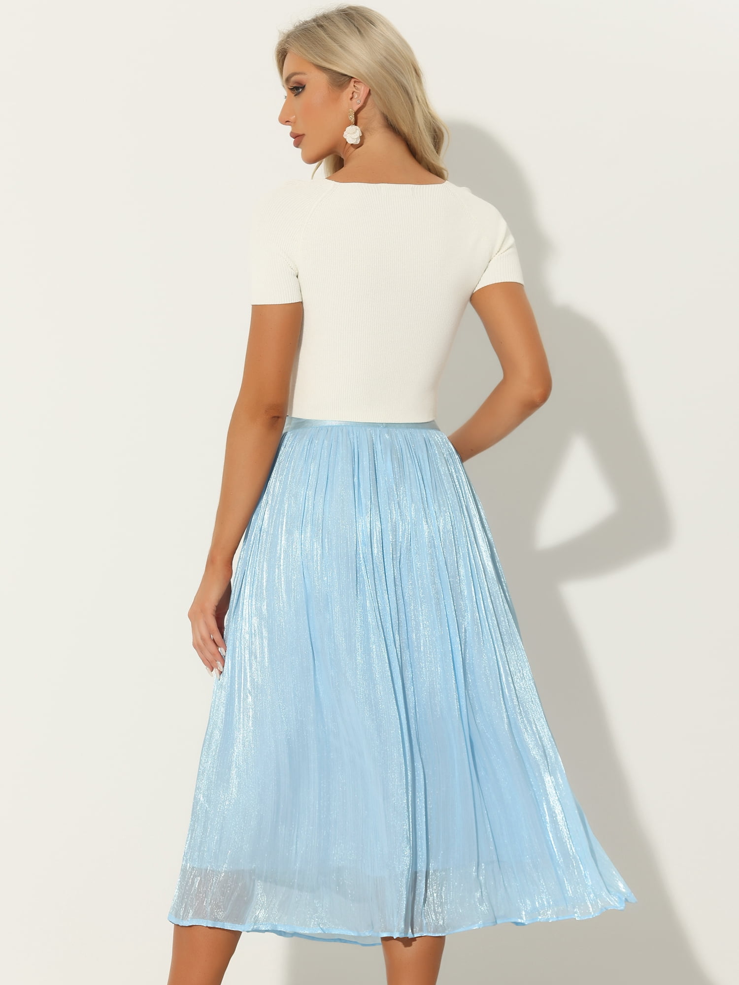 DARING DIVA Women's High Elastic Waist Skirt Swing Pleated Midi Skirts XS Light Blue