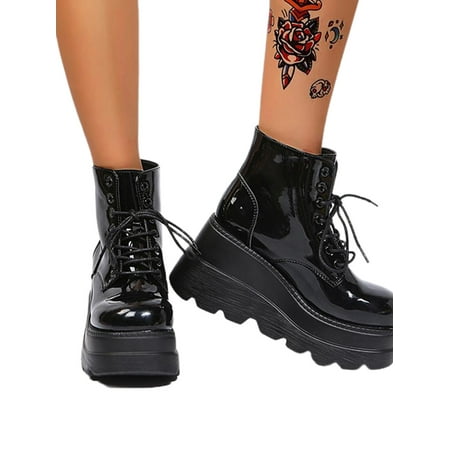 

Shakub Womens Lace Up Ankle Platform Wedge Boots Biker Party Gothic Punk Booties Chunky Winter Warm Shoes