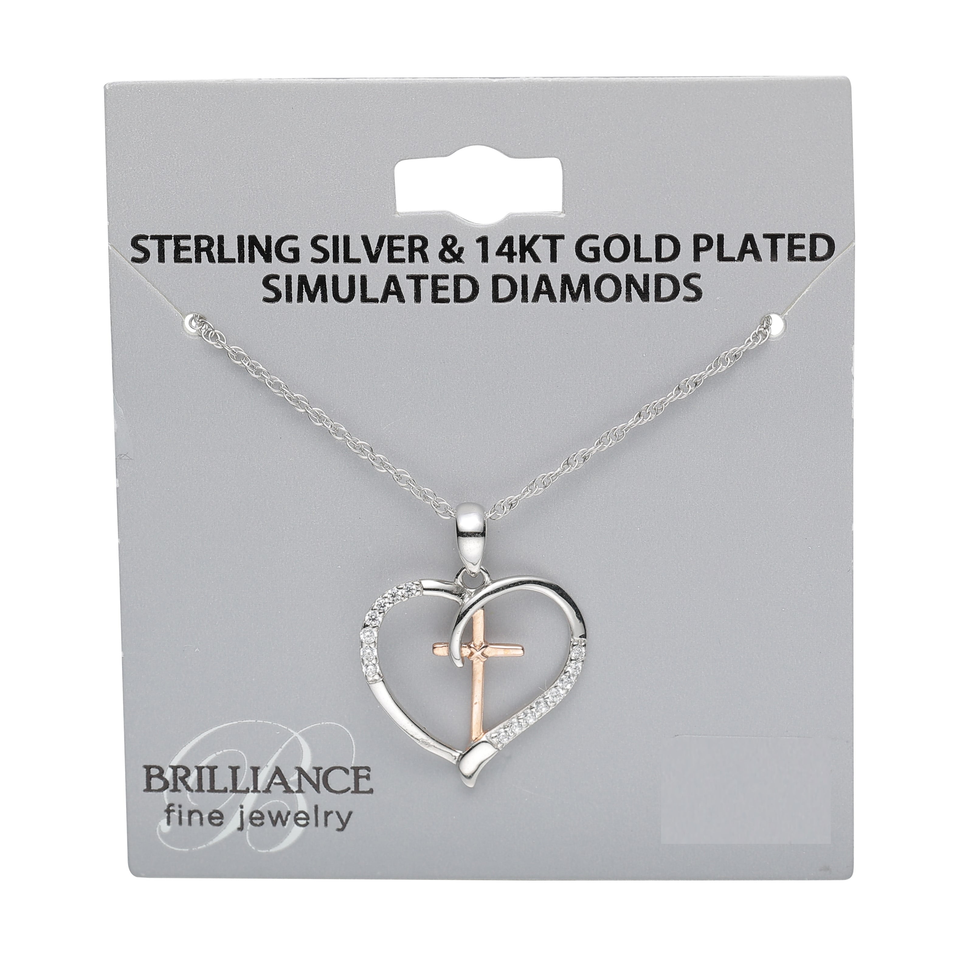 Brilliance Fine Jewelry Simulated Diamond Two Tone Heart/Cross Pendant in Sterling Silver
