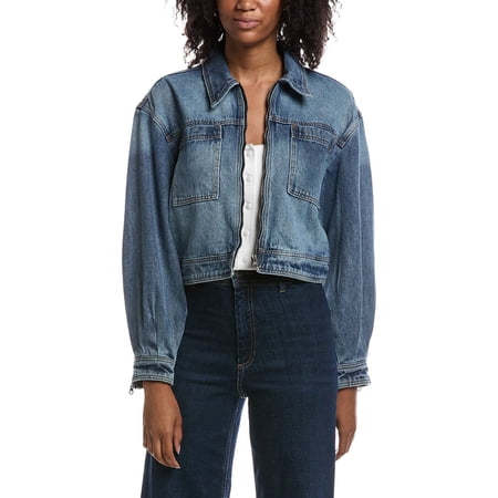 Current/Elliott womens Blouson Sleeve Cropped Zip Up Denim Jacket, l, Blue