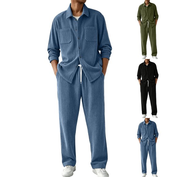 Men Corduroy 2 Piece Outfit Set, Collared Button Down Long Sleeve Work Shirt and Drawstring Elastic Waist Wide Leg Pants Casual Loungewear Size 2XL Blue