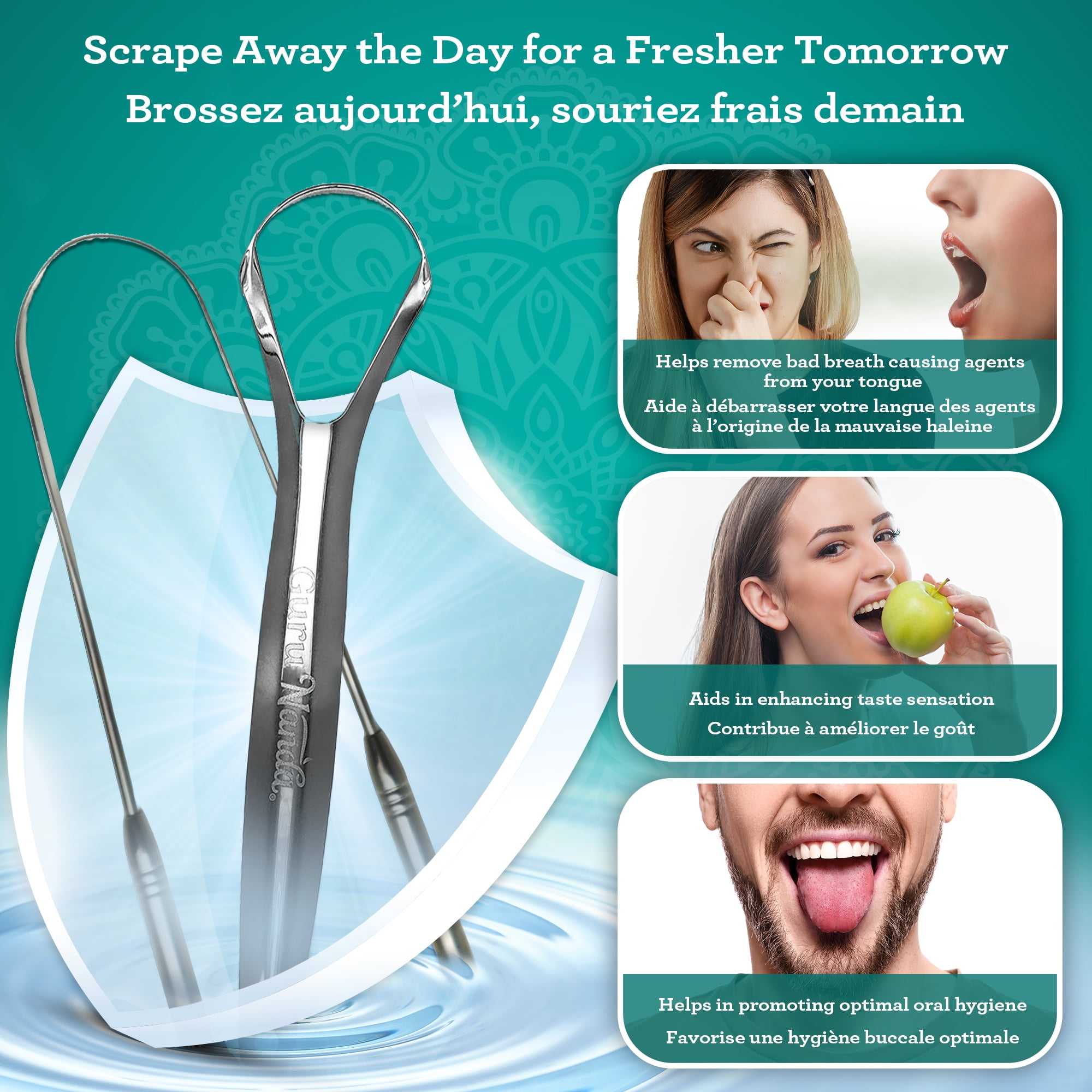GuruNanda Spoon & U-Shaped Tongue Scraper Variety Pack with Travel Case, Stainless Steel, BPA Free, for All Ages