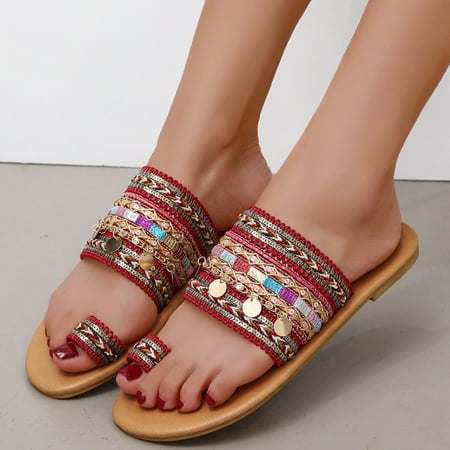CAICJ98 Womens Shoes Womens Flat Sandals Beaded Bohemian Elastic Back Strap Rhinestone Summer Slip On Sandals Red