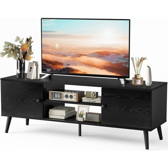Nextay TV Stand for 55 60 inch TV, Modern Mid Century Entertainment Center with Storage, Media Console Table 2 Cabinet, for Living Room, Office, Black