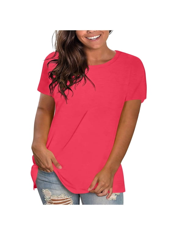Women's Plus Size T-Shirt Loose Round Neck Short Sleeve Casual Solid Basic Top Summer Lightweight Soft Flowy Curved Hem Tee, Hot Pink 4XL
