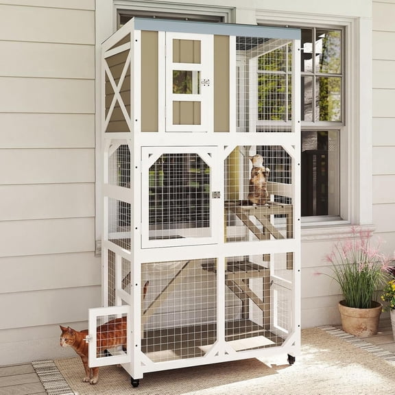 64" Large Wooden Catio Outdoor Cat Enclosure, Window Cat House with Wheels & 3 Platforms, Kitty Cage with Weatherproof Roof for Multiple Cats (Gray)
