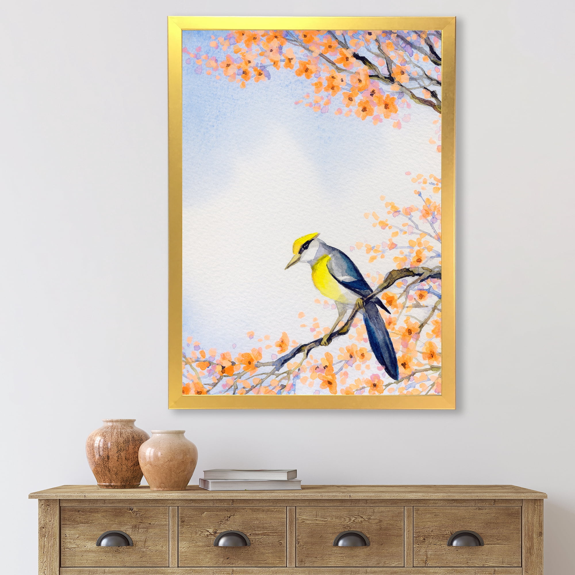 Beautiful Blue Bird Sitting On Flowering Branch II 30 in x 40 in Framed Painting Canvas Art Print, by Designart