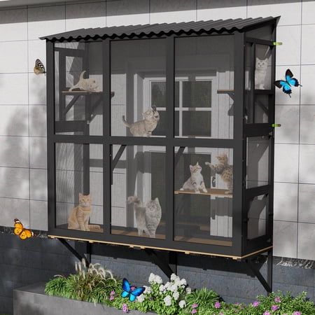 Haverchair Cat Catio, Cat Window Perch for Large Indoor Cats, Window Box Enclosure with 4 Jump Platforms, Wooden Window Hammock for Multi Kittens, All-Weather Use Outdoor Small Pet Perch House
