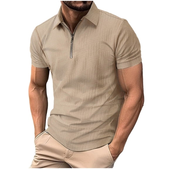 FRSASU Mens Jacquard Polo Shirts Quarter Zip Shirts Casual Classic Lightweight Short Sleeve Golf Collared Shirt Khaki