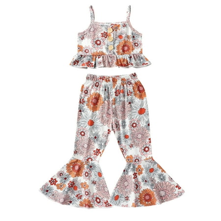 

CenturyX Kids Baby Girls Summer Outfits Set Flower Spaghetti Straps Camisole Tops Vest with Flare Pants Suit
