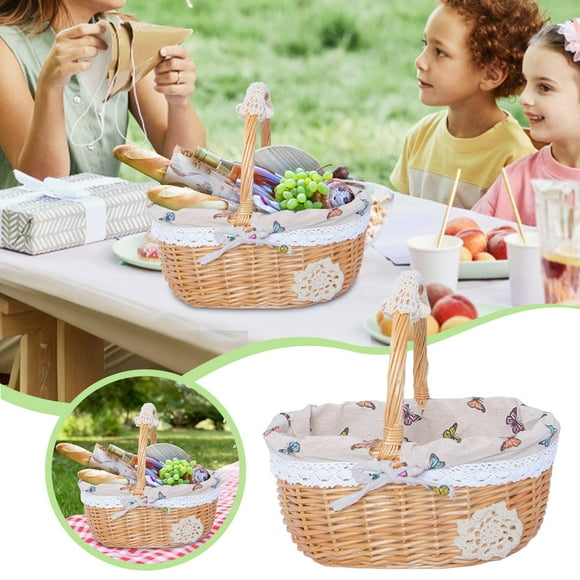 Rangement en Osier avec Garniture en Dentelle Vichy pour Pique-Niques à Domicile – Design Crochet et Charme pour Usage Extérieur Solutions de Rangement Artisanales