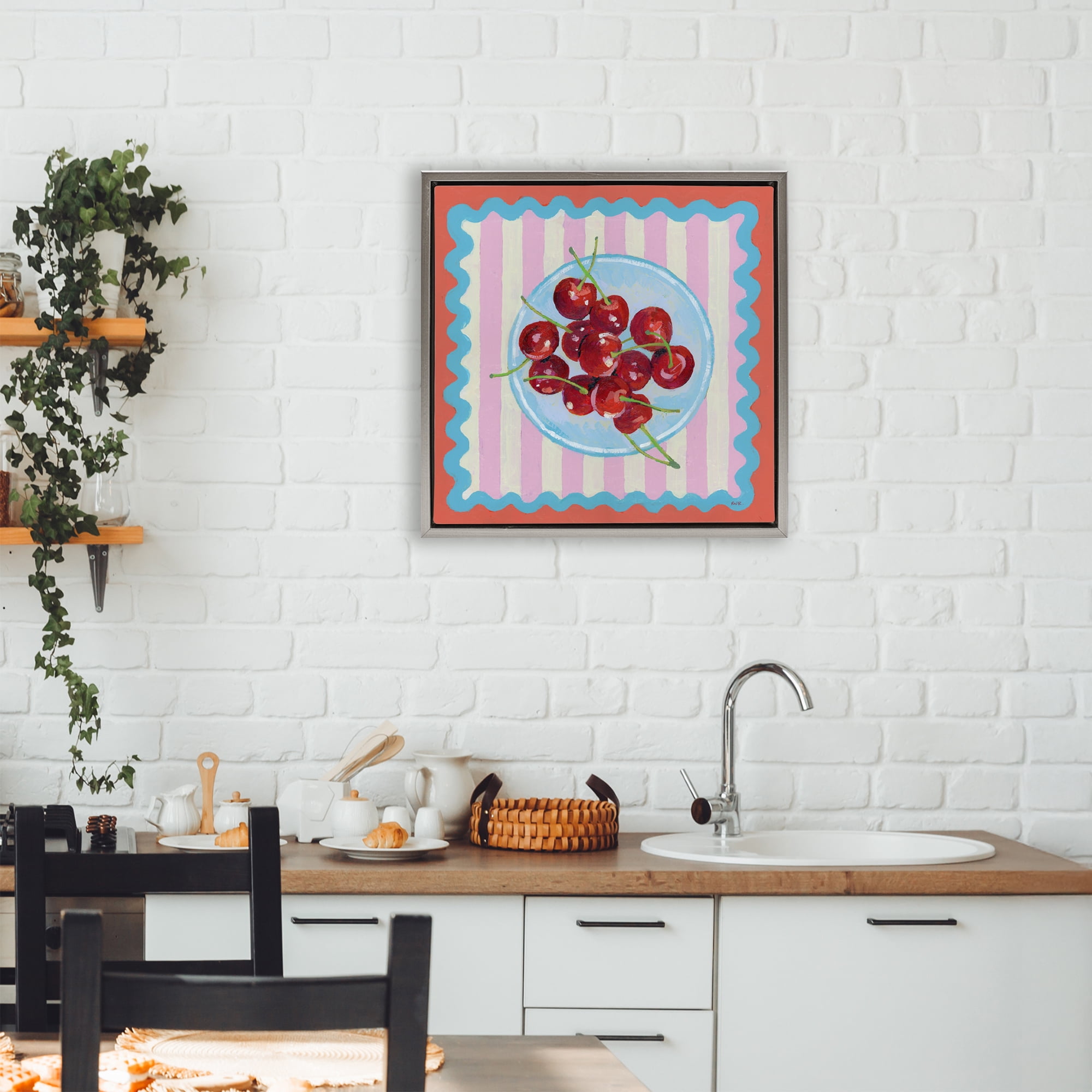 Stupell Industries Red Cherries over Pink Stripes Gray Framed Floater Canvas Wall Art, design by Rachael Reese
