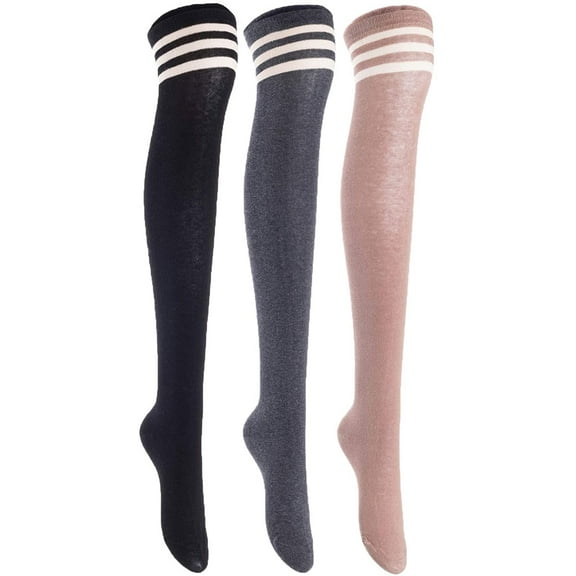 Lian LifeStyle Women's 3 Pairs Adorable Comfortable Soft Thigh High Over Knee High Cotton Socks Size 6-9 L1022Black, Dark Grey, Kakhi