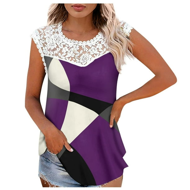 Camiseta sin mangas de encaje con estampado de mujer Camiseta sin mangas de empalme de cuello redondo Camiseta ligera y cómoda delgada OAVQHLG3B Store lin121212
