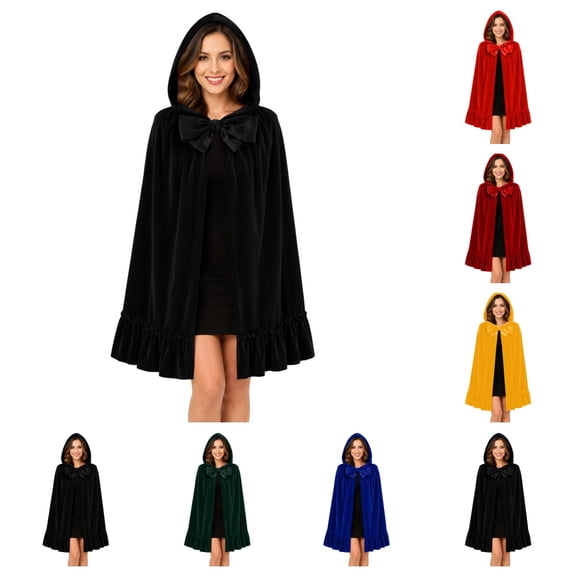 SAWOBUUN Velvet Hooded Cape with Ruffle Hem & Bow Tie Short Cloak for Women Halloween Little Red Riding Hood Party Shawl