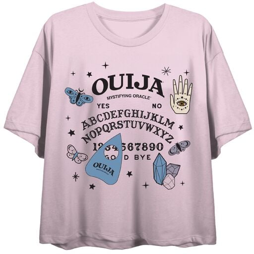 Ouija Game Board & Icons Women's Cradle Pink Crew Neck Short Sleeve Crop Top-XS