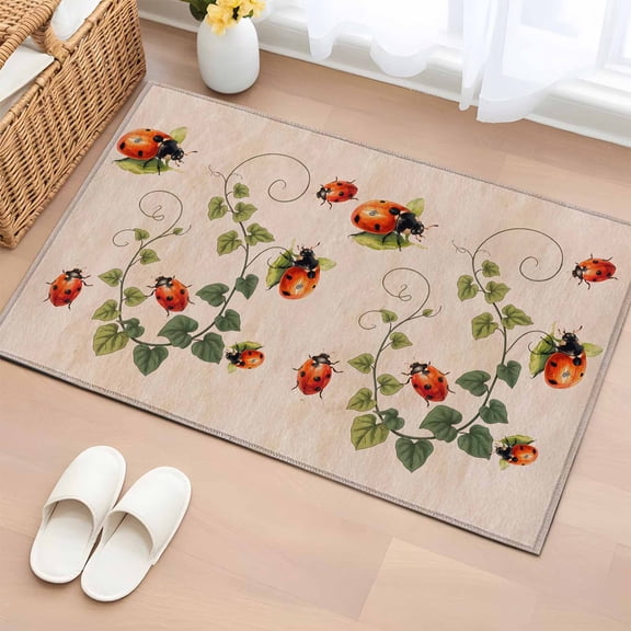 Ladybugs Eucalyptus Leaves Entryway Rug 2'x3' Non Slip Front Door Mats, Spring Botanical Vintage Entrance Rugs Indoor Outdoor Carpet, Washable Floor Mats Small Area Rug for Bedroom Kitchen