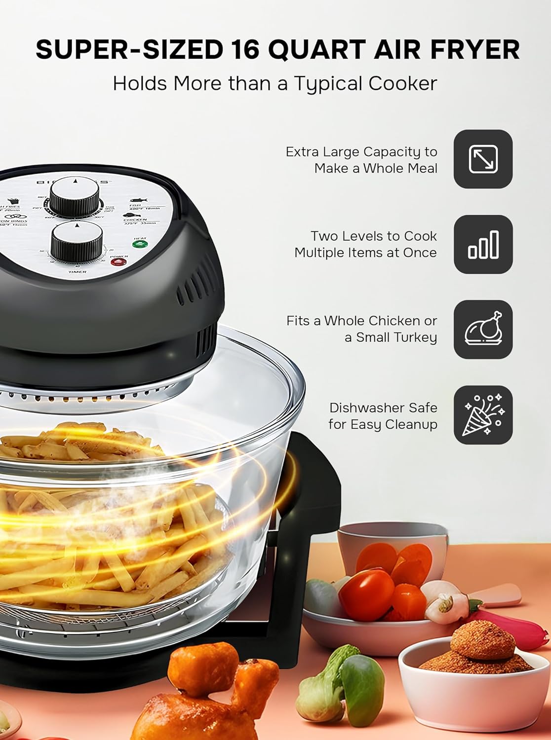 Big Boss 16Qt Large Air Fryer Oven with 50+ Recipe Book AirFryer Oven Makes Healthier Crispy Foods Black - image 3 of 8