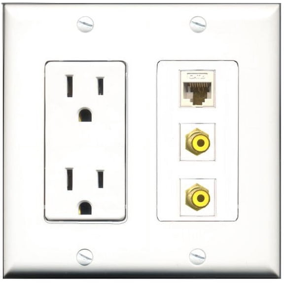 RiteAV - 15 Amp Power Outlet 2 Port RCA Yellow 1 Port Cat6 Ethernet Ethernet White Decorative Wall Plate