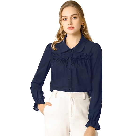 INSPIRE CHIC Blusa Camisa Tops Con Botones Manga Larga Pu?o Elástico Detalle De Volantes Para Mujeres Azul Marino L
