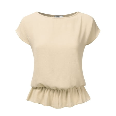 Doublju Short Sleeve Loose Fit Crepe Peplum Blouse For Women With Plus Size BEIGE