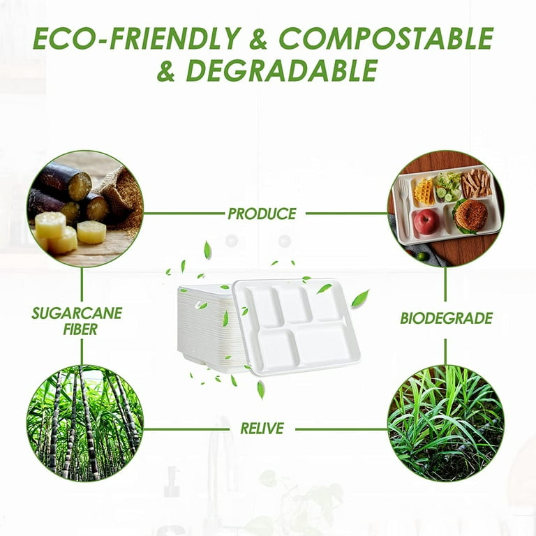  Comfy Package, 100% Compostable 5 Compartment Plates  Eco-Friendly Disposable Sugarcane 10 inch Paper Trays : Health & Household