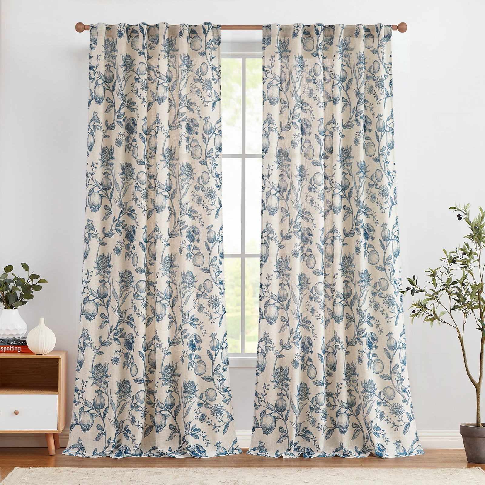 CURTAINKING Linen Curtains Floral Curtains for Living Room 84 Inch Long Blue French Curtains Back Tab Light Filtering Toile Print Farmhouse Bedroom Curtains Window Curtain Set 2 Panels