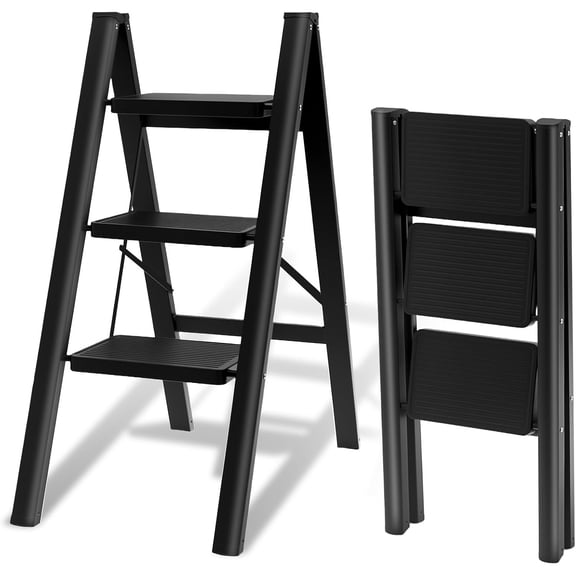 3 Step Ladder, Foldable 3 Step Stool for Adults, 3 Step Ladder Folding Step Stool with Wider Pedal Ergonomic Design and Anti-Slip Feet, Lightweight, Portable Steel Step Stools
