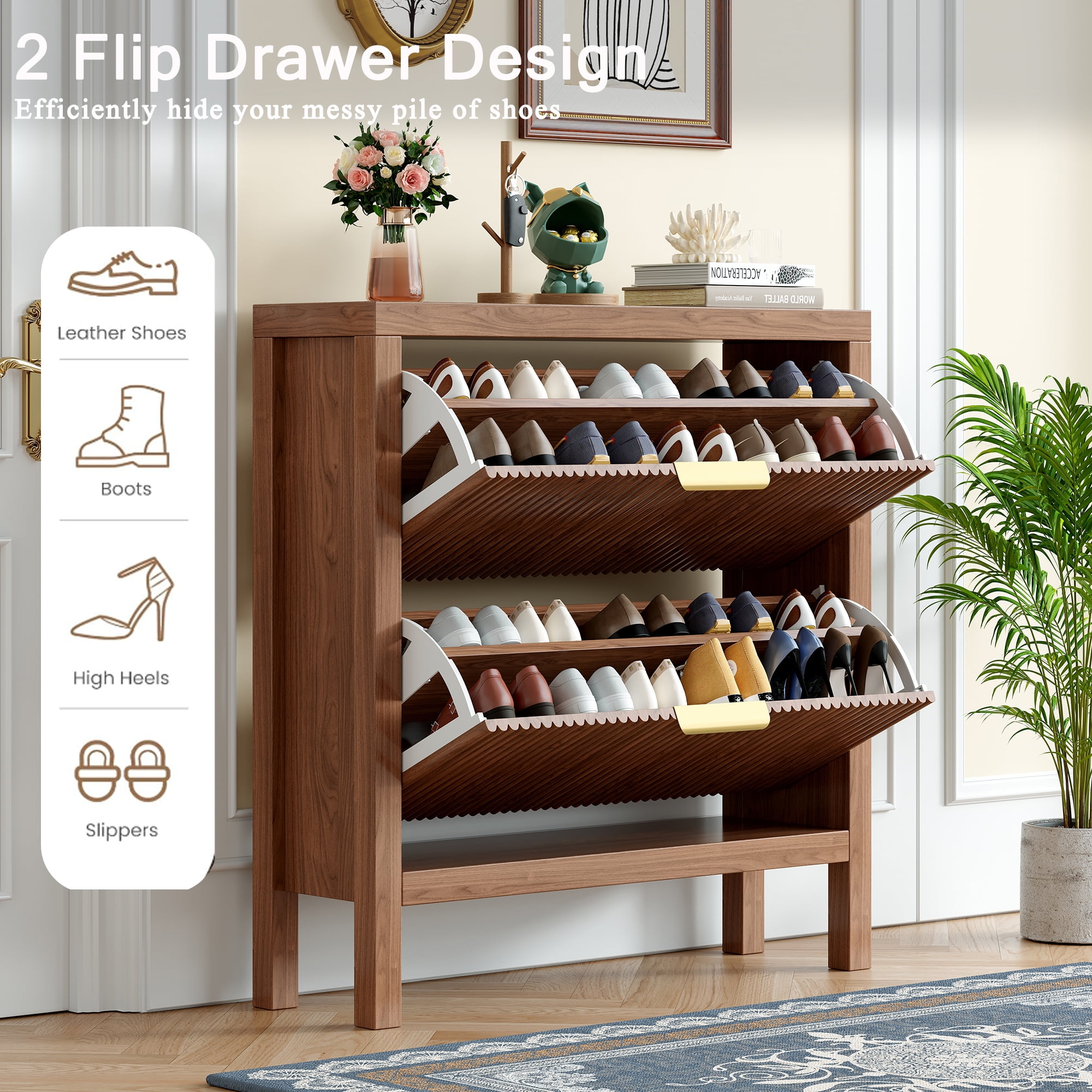 Modern Slatted Wood Shoe Organizer with Dual Flip Drawers, Slim Shoe Storage Cabinet, Wood Freestanding Organizer Shoe Rack for Entryway, Small Spaces, or Hallway, Walnut