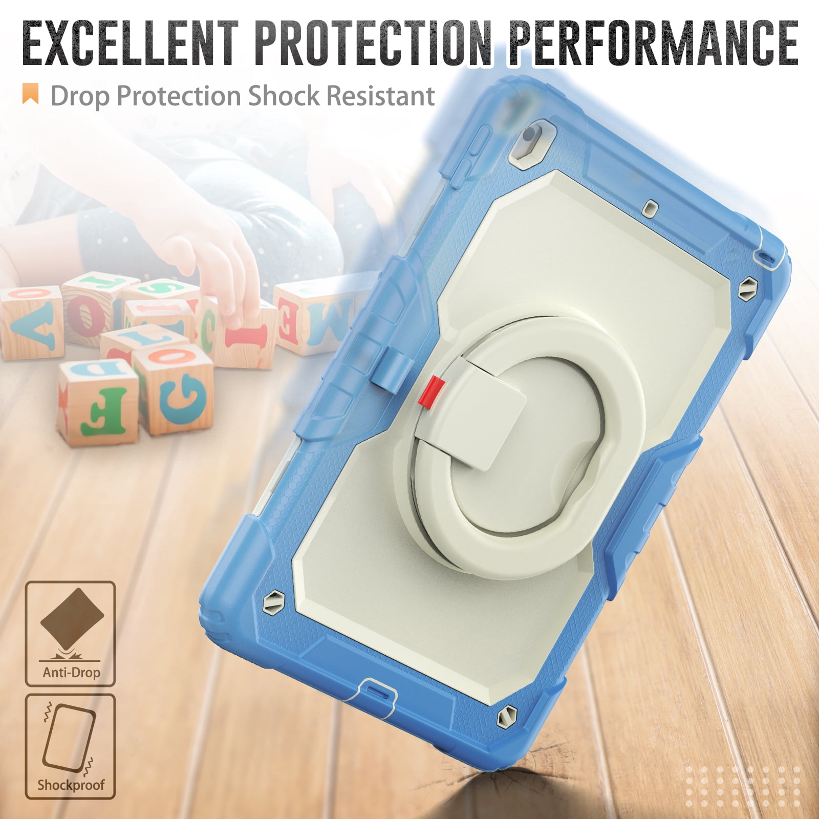 Allytechgroup Screen Protector Case for Apple iPad 9th 8th 7th Generation 10.2 Inch 2021 2020 2019, Heavy Duty Protective Build-in Pencil Holder Handle Stand Rugged Bumper Case Kids Friendly,Blue