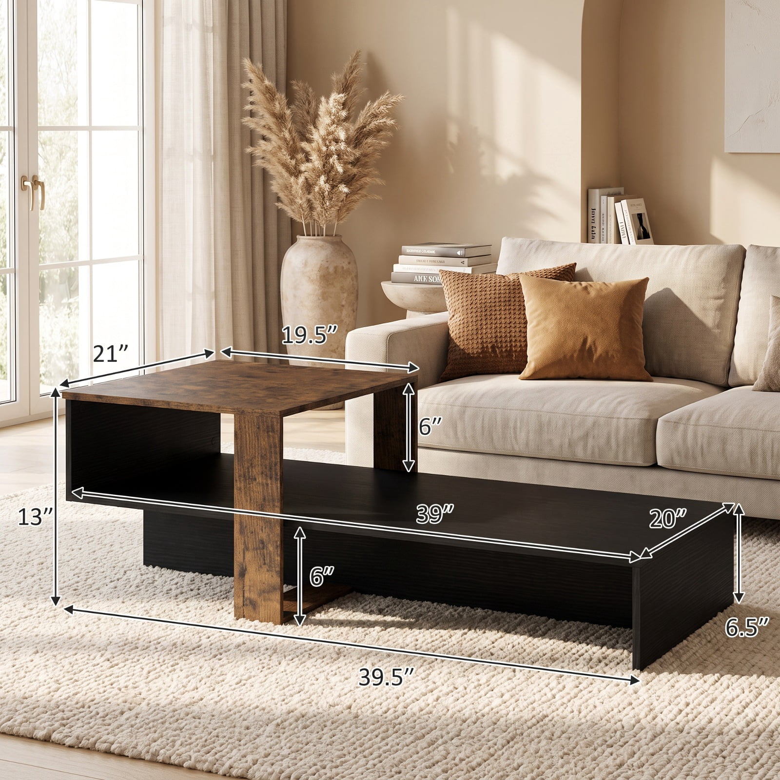 Furnibear 2 Tier Modern Irregular Coffee Table with Open Storage Shelf and Geometric Silhouette for Living Room for Home and Living Space, Black