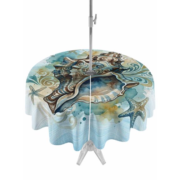 Outdoor Tablecloth with Umbrella Hole for Patio/Picnic/Party/Camping, Ocean Conch Waterproof Table Cloth Round Cover Washable, Vintage Summer Coastal Starfish Ombre Blue (Dia 54")