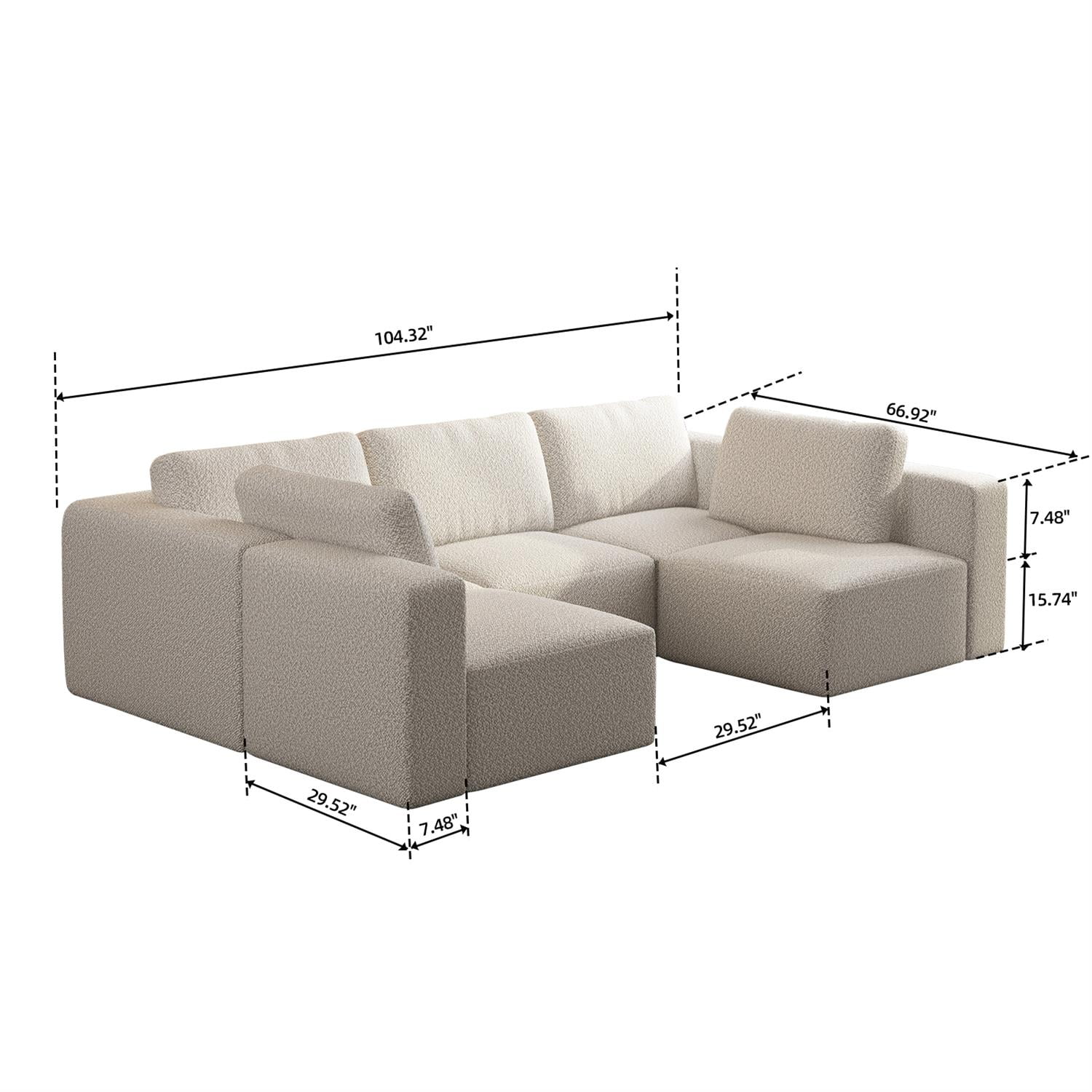 Demi Bonn 104" x 70" Modular Sectional Sofa Sleeper with Chaise & Ottoman, Convertible U-Shaped Couch Set for Relaxation & Guests, White