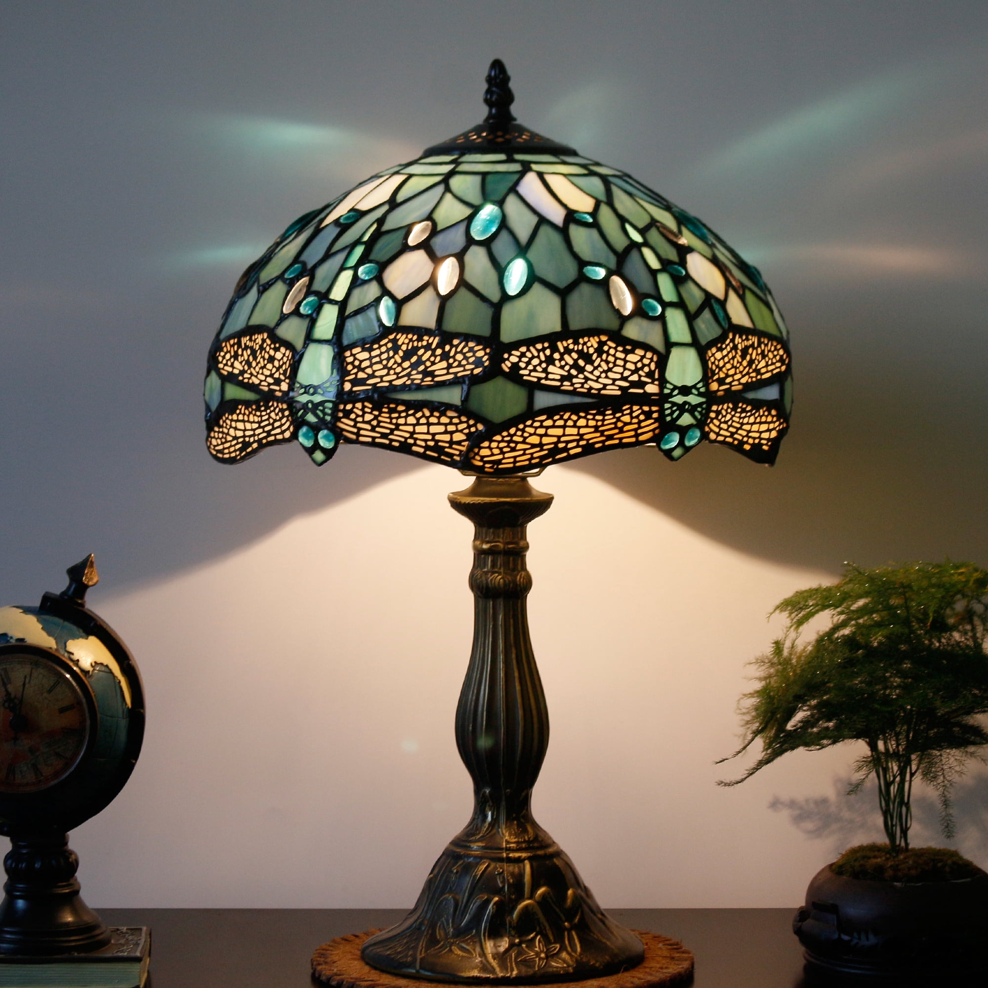 Tiffany Lamp Table Lamp Sea Blue Stained Glass Dragonfly Style Luxurious Boho Banker Memory Lamp Sympathy Nightstand Reading Desk Light 18" Tall Bedside Bedroom Living Room Farmhouse Hotel