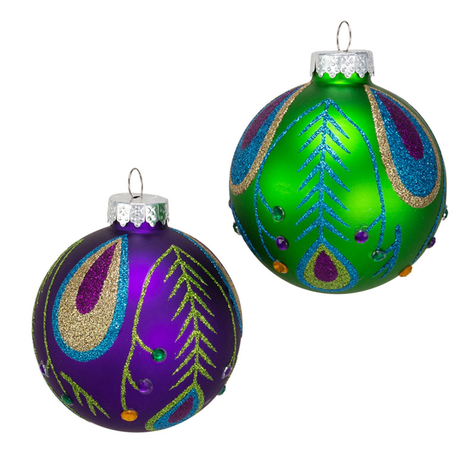 Kurt Adler 80MM Peacock Purple and Green Glass Ball Ornaments, 6Piece Box; 2 Assorted Ornaments