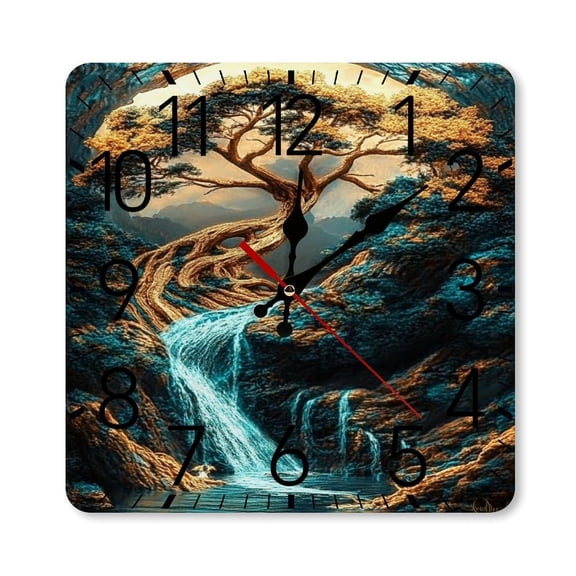 RKSupls 10×10inch Square Silent Wall Clock Wooden Frame, Fantasy Tree Waterfall Golden Scale Decorative Clock for Home Bedroom Living Room Office