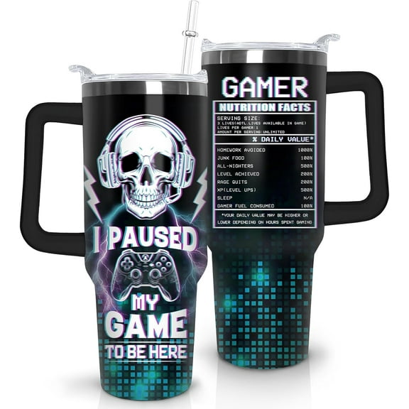 Game Tumbler with Lid and Straw, 40oz Gamer Water Bottle Cup with Handle, Gaming Travel Coffee Mugs, Birthday Gifts for Gamer Men Boys