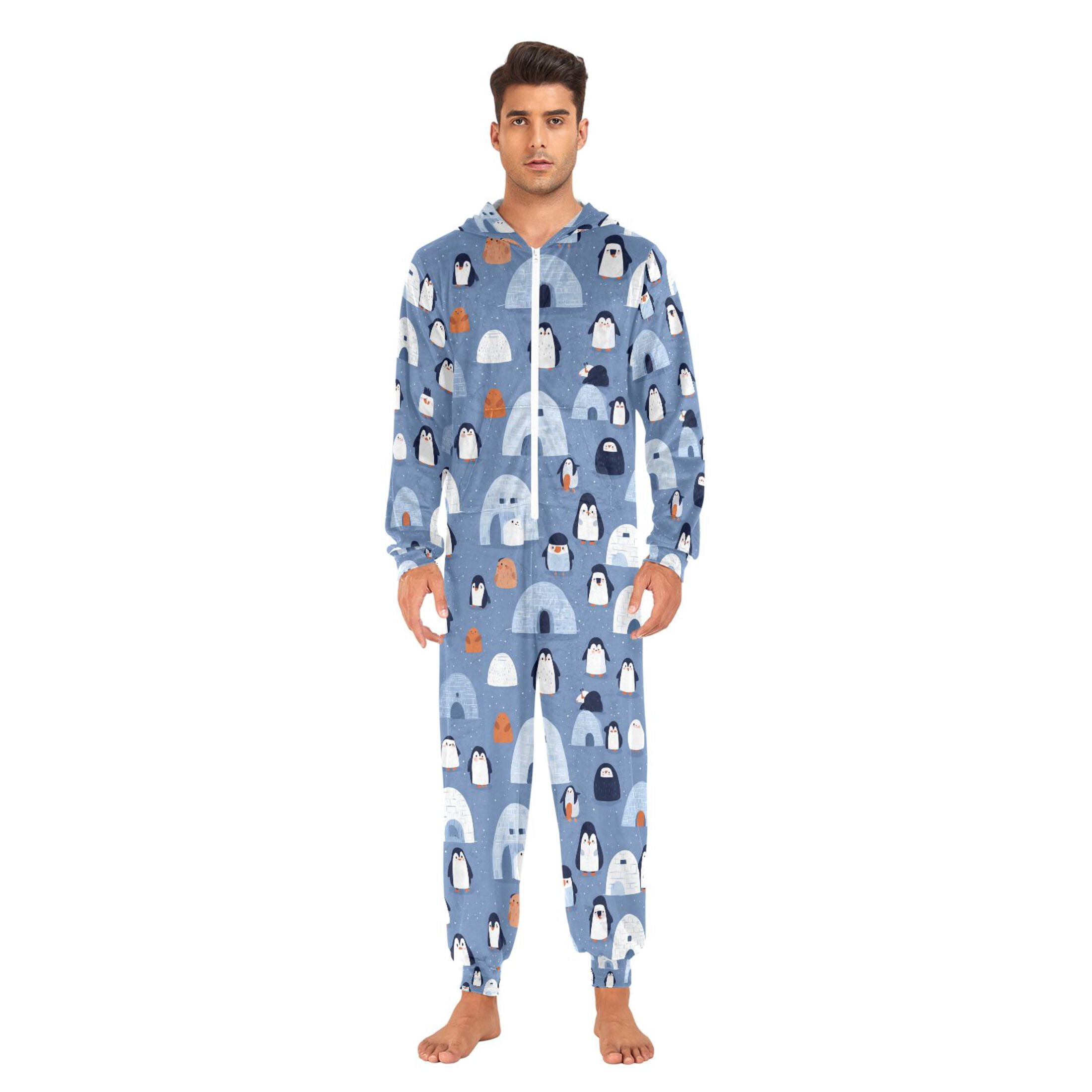 Adult Christmas Onesie Igloo Penguin Adult Zipper One-Piece Pajamas Unisex Pajamas with Pockets
