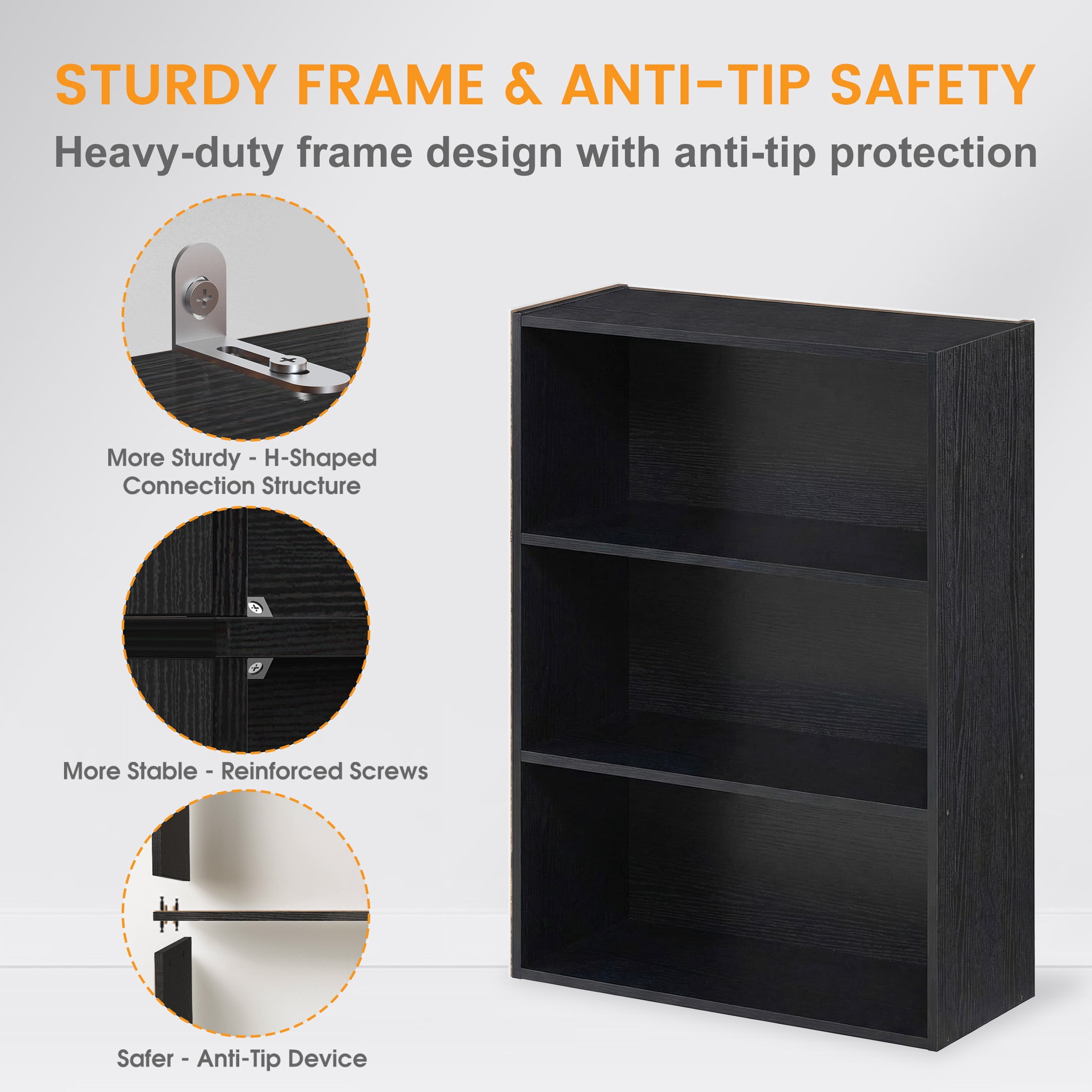 CONCETTA 3 Shelf Bookcase, 32 Inch Tall Floor Standing Open Bookshelf for Home Office and Living Room, Black